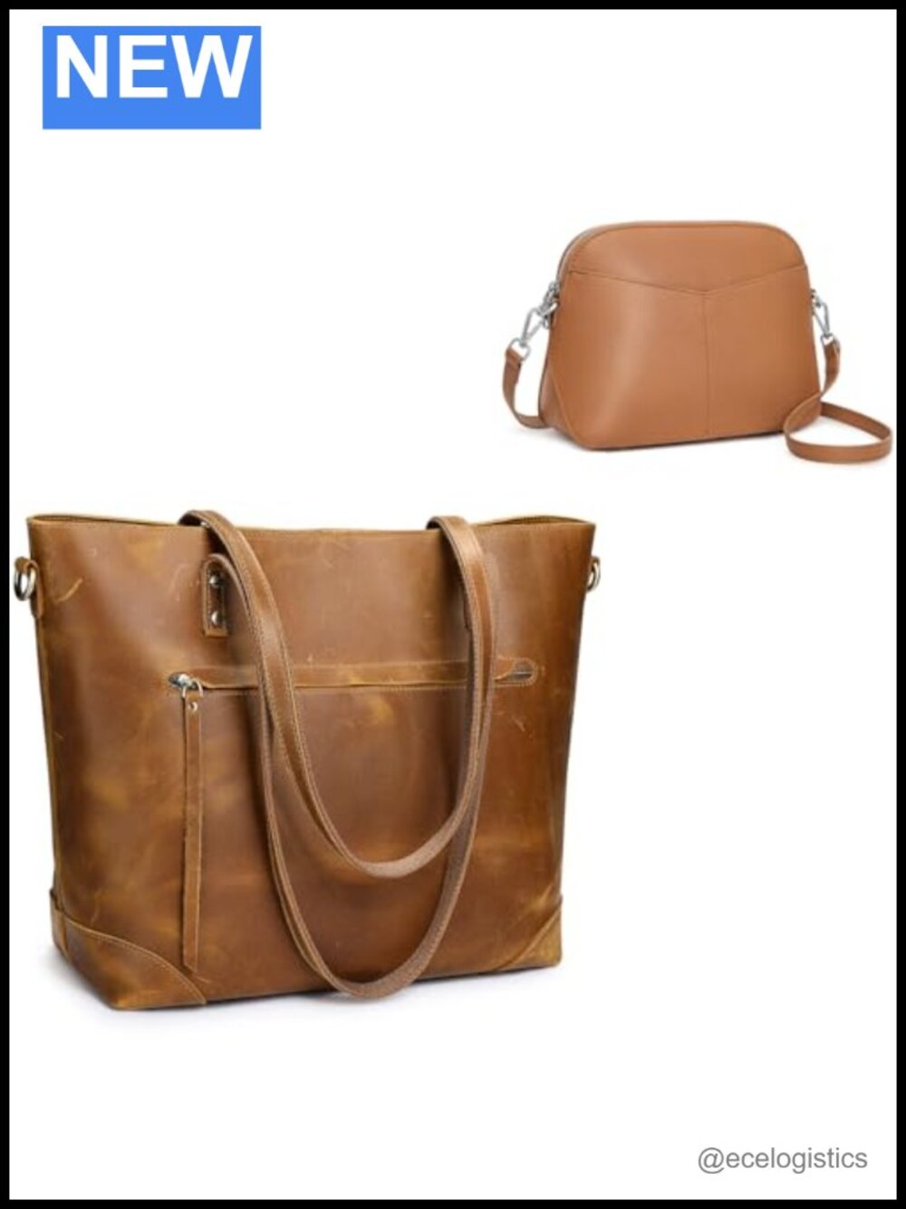 Genuine Leather Tote + Vegan Leather Crossbody Purse Bundle Women Work Vintage